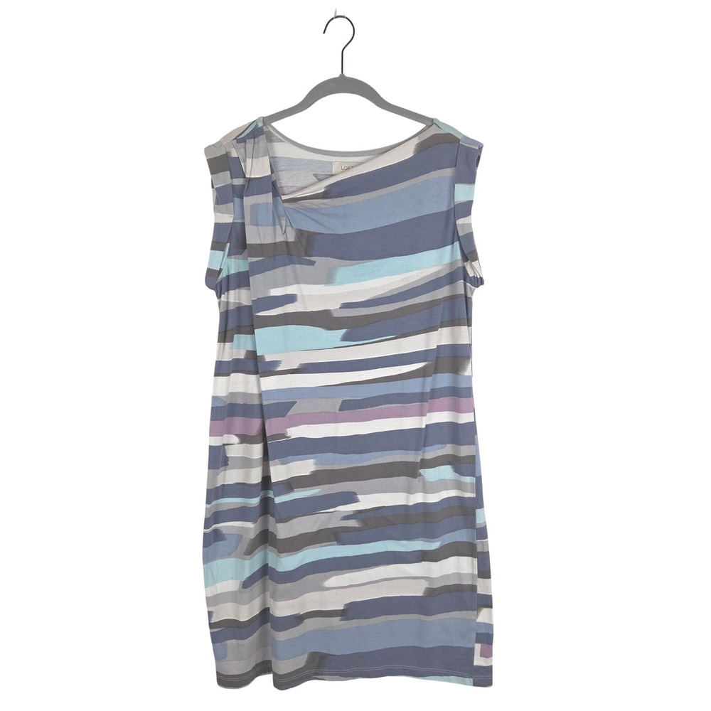 Loft Blue Abstract Striped Cap Sleeve Knit Shift Dress Size M Beach Asymmetrical
